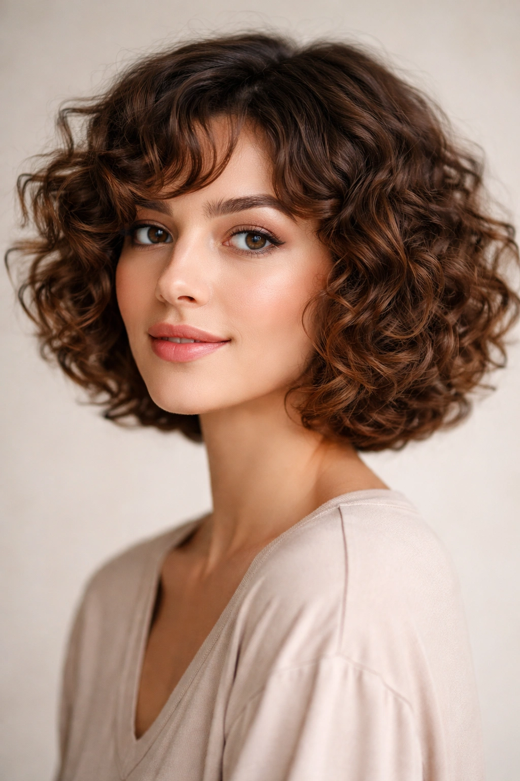 Close-up of a curly bob framing the cheekbones with defined curls