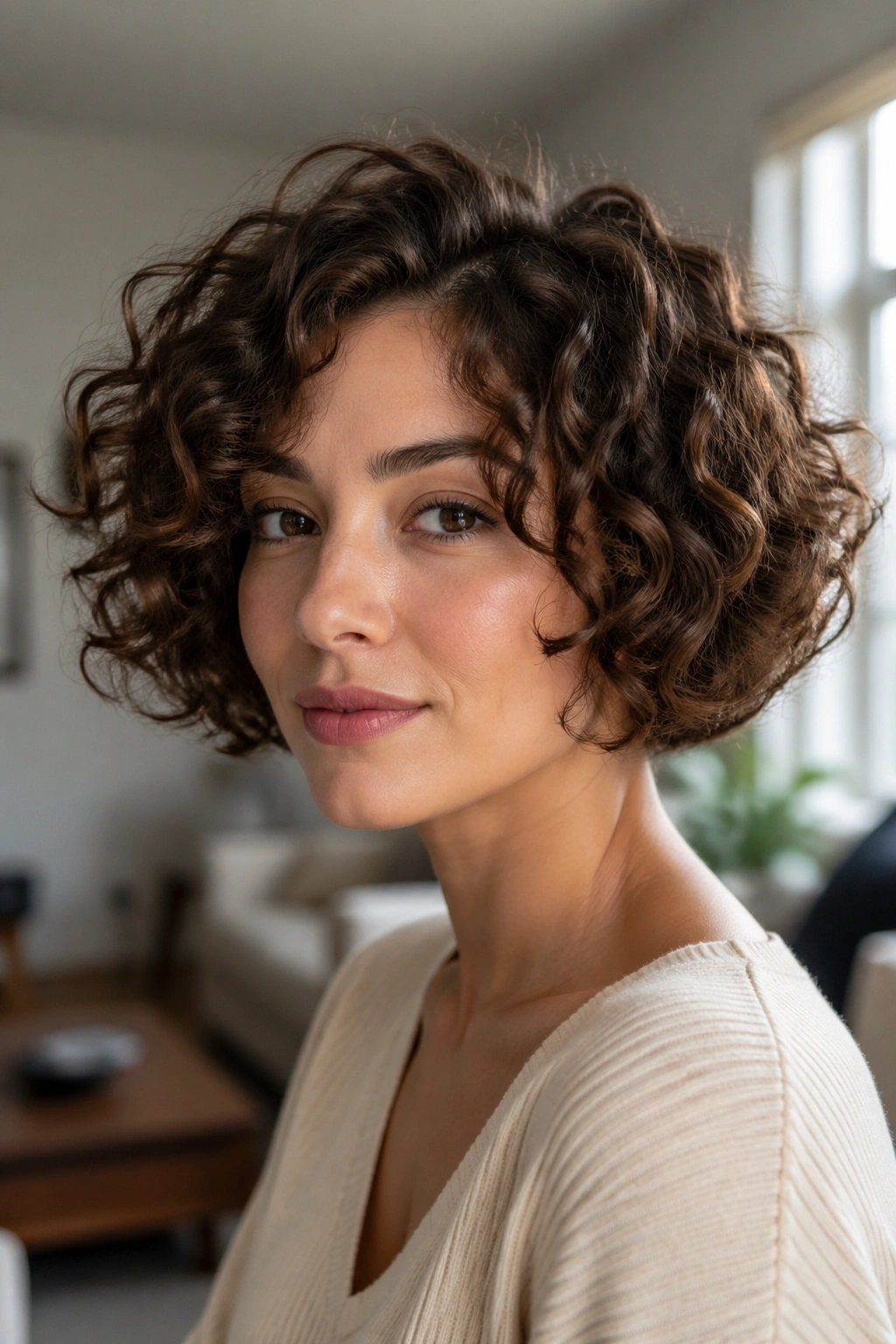 Close-up portrait of a real woman with chin-length curly layered bob under natural window light