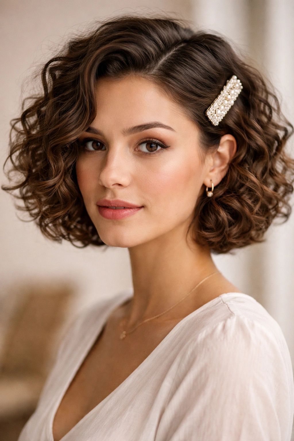 Curly bob pinned back with one bold clip behind the ear