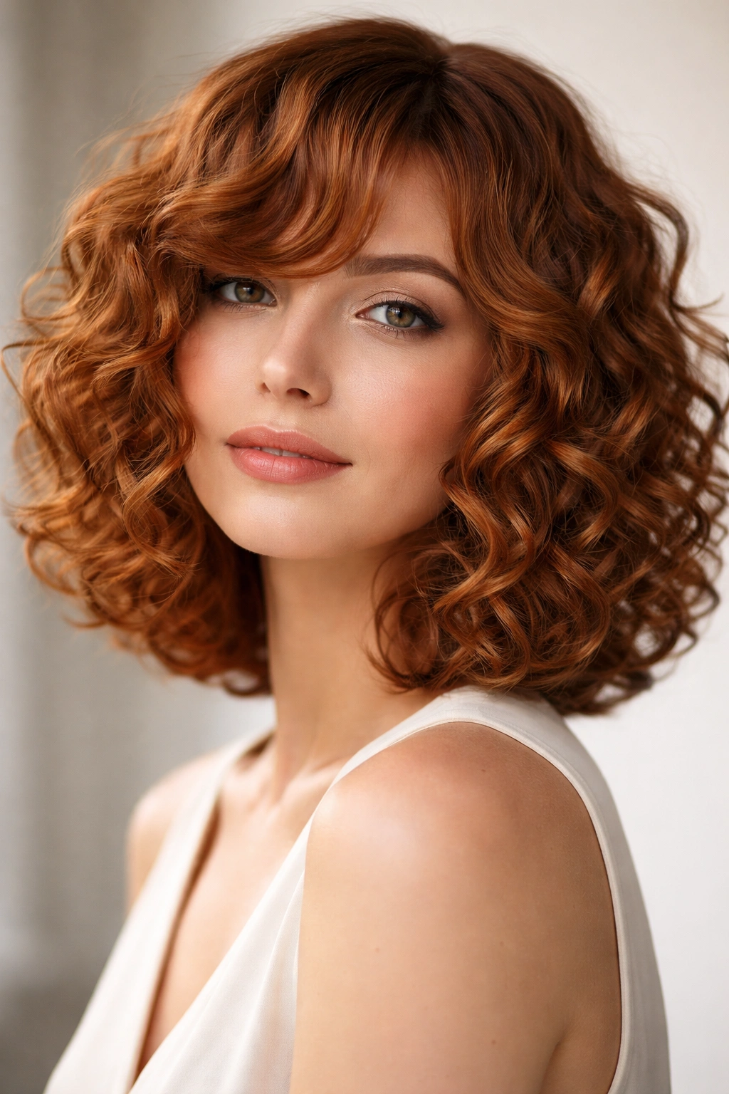Curly bob with copper glow highlighting defined curls