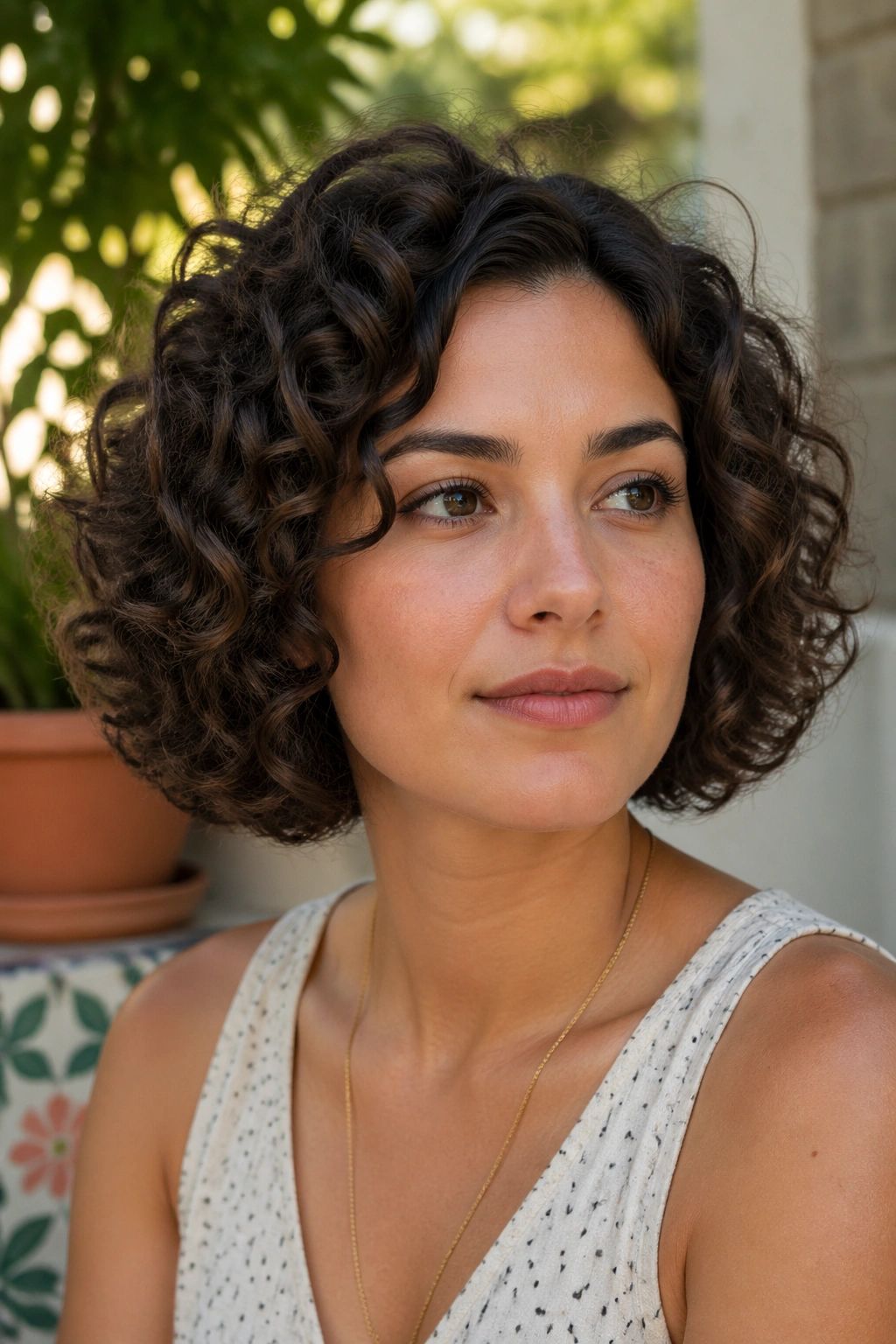 Real woman with curly bob shaped to curl pattern in outdoor natural light