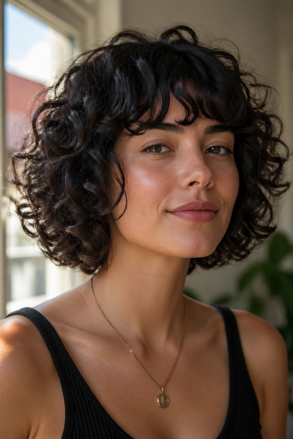 Close-up portrait of a real woman with a curly bob showing defined curls and layered ends