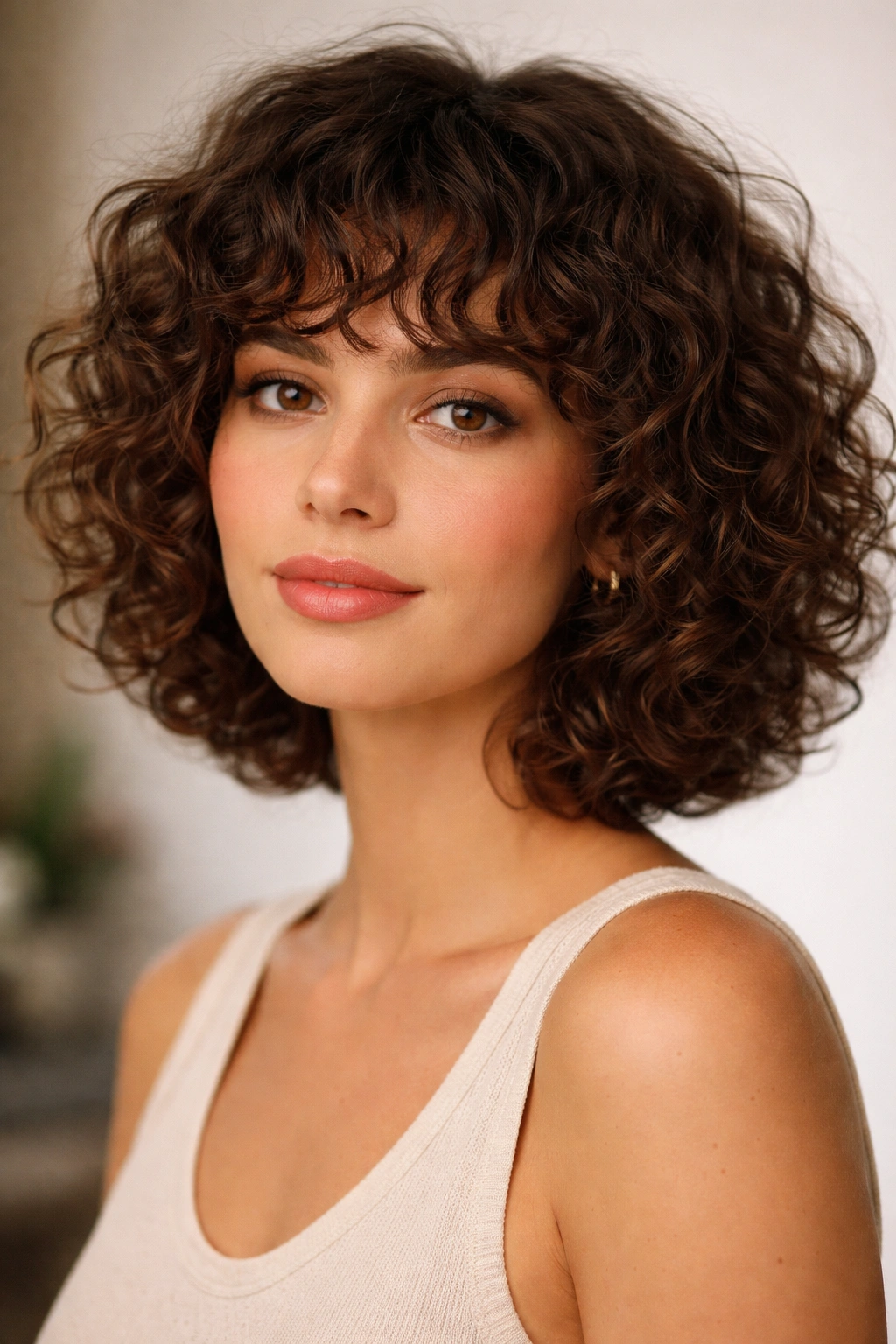 Curly bob with curly fringe resting near the brow in natural light