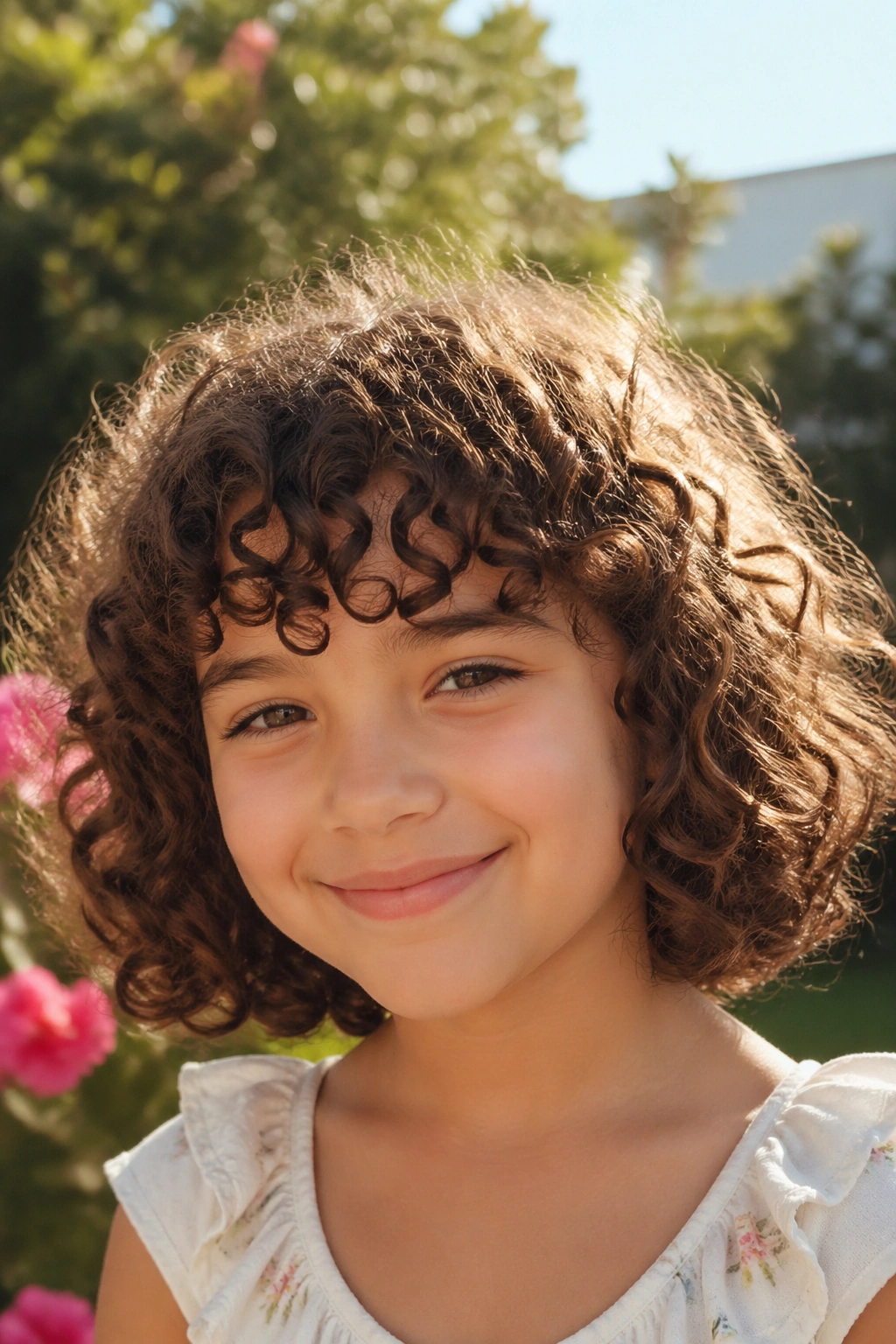 Real child girl with curly bob and curly fringe in a sunny outdoor garden.