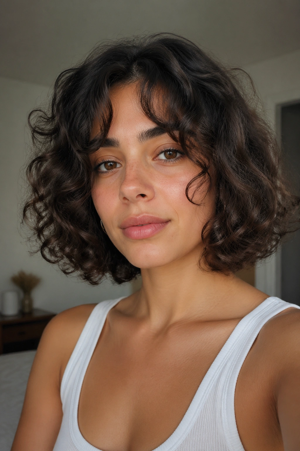 Real woman with curly bob and curtain bangs framing the face
