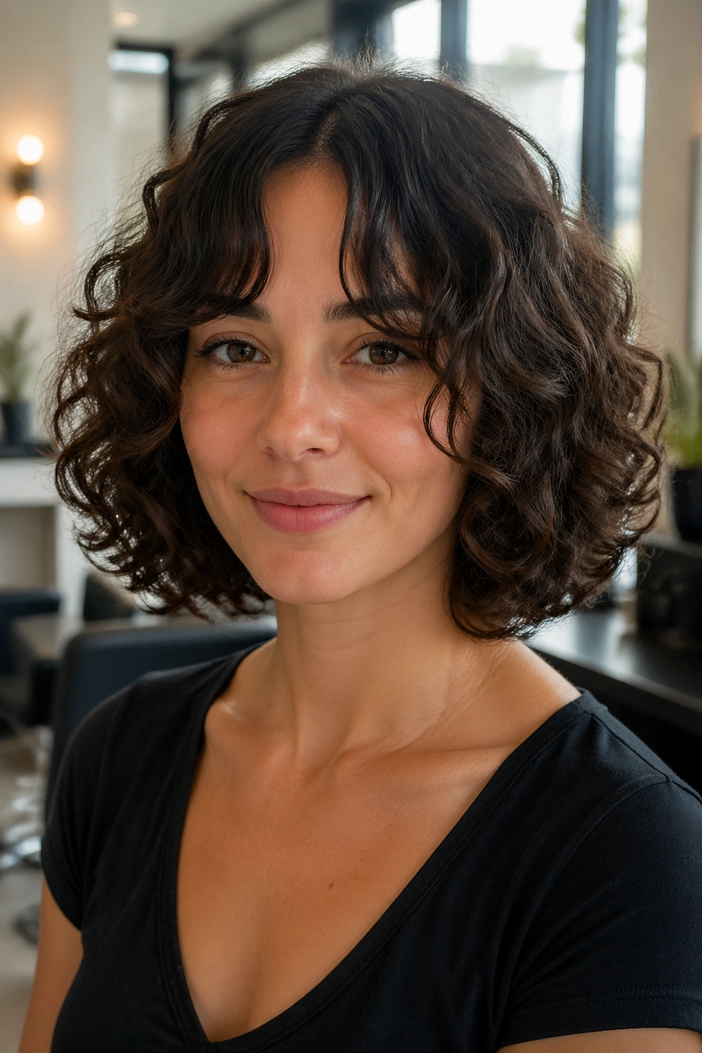Close-up of a real woman with curly bob and curtain bangs softly framing the face