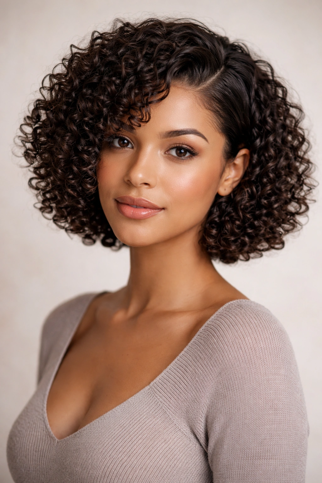 Close-up of a chin-length curly bob with a deep side part and lifted crown showing 3C curls