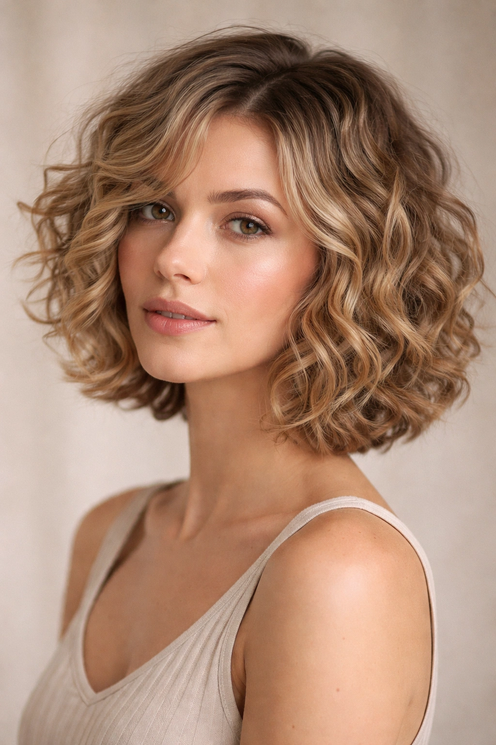 Close-up of a curly bob with diffused layers in dirty blonde, showing soft texture and defined curls
