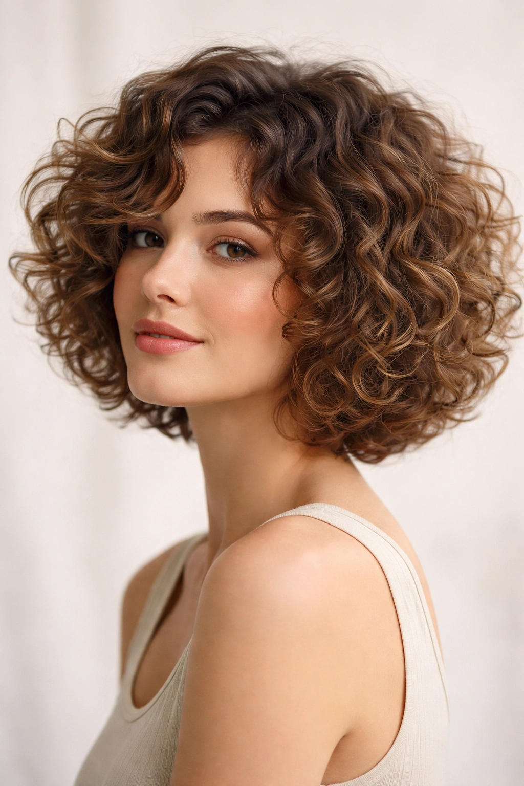 Curly bob with diffused lift and voluminous crown