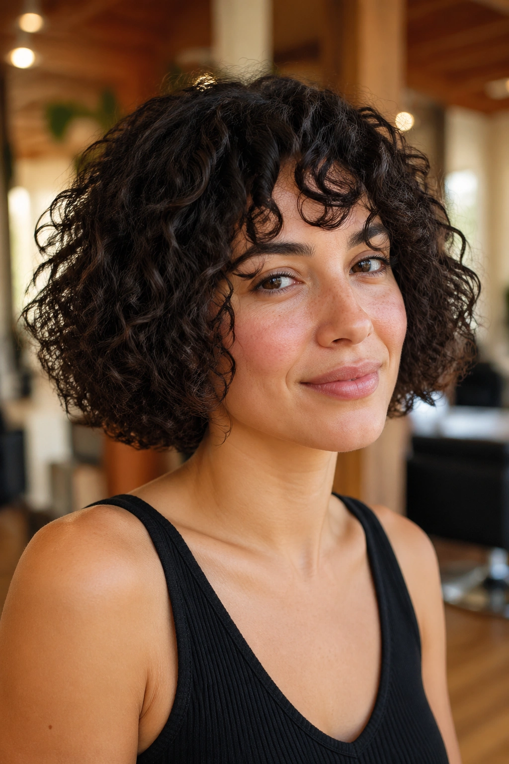 Close-up of a real woman with curly laser-cut bob and dry perimeter