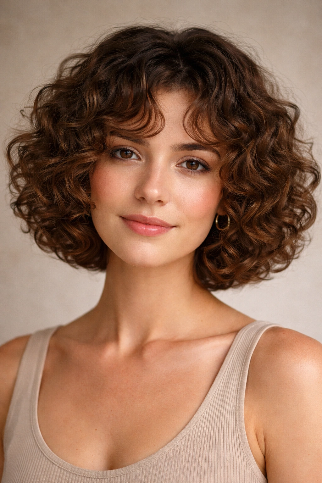 Front view of curly bob with defined curls and rounded silhouette