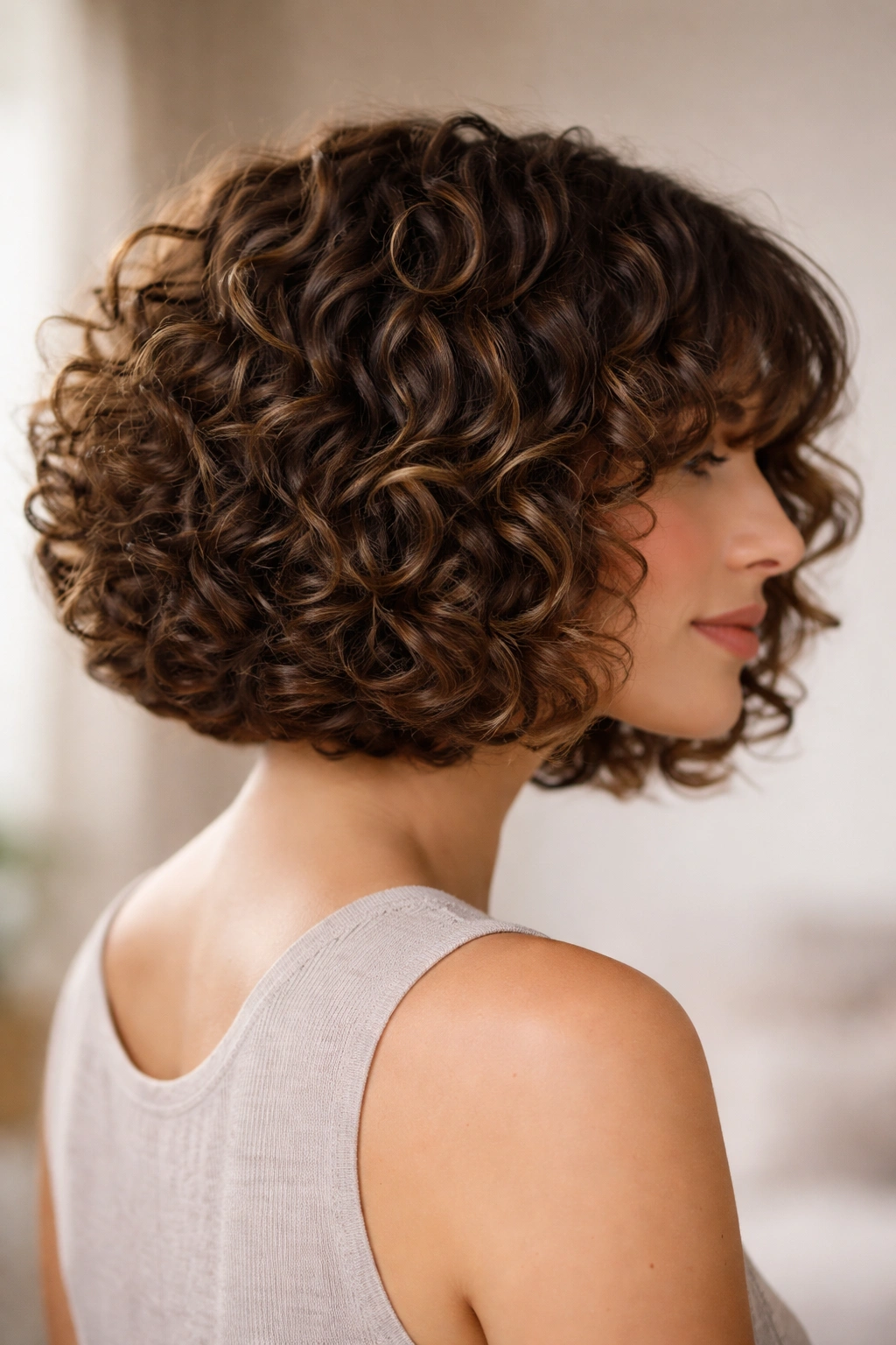 Curly bob cut dry to shape with defined curls.