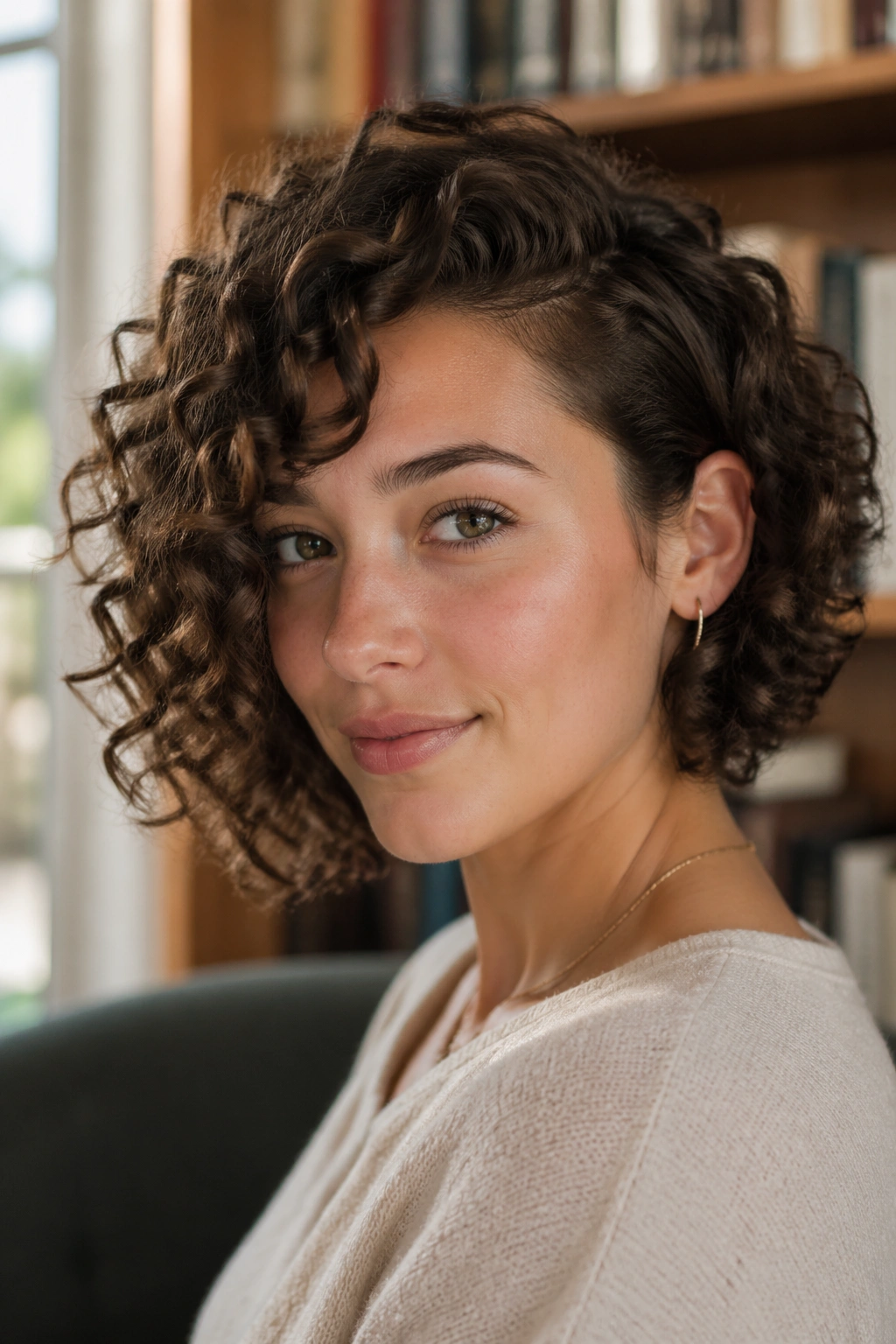 Portrait of a curly bob tucked behind the ear