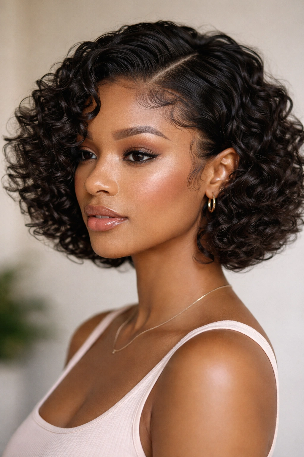 Curly bob with finger-waved edges along hairline