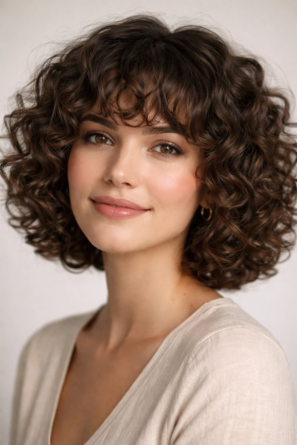 Curly bob with curly fringe and natural bounce