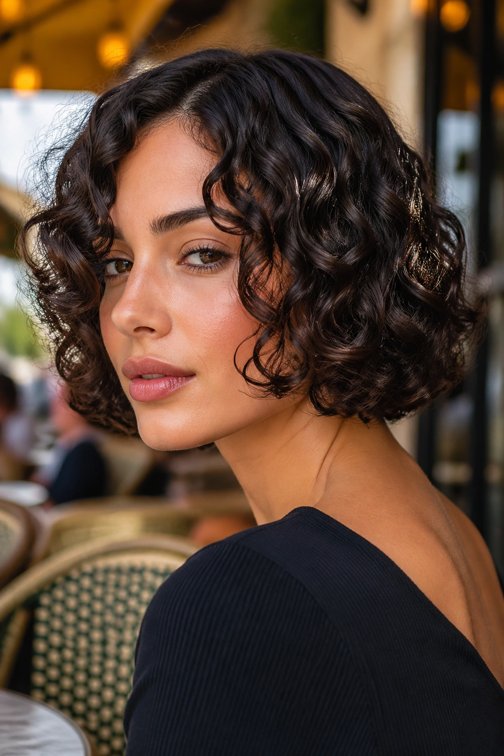 Close-up of a real person with a jaw-length curly bob and glassy clumps.