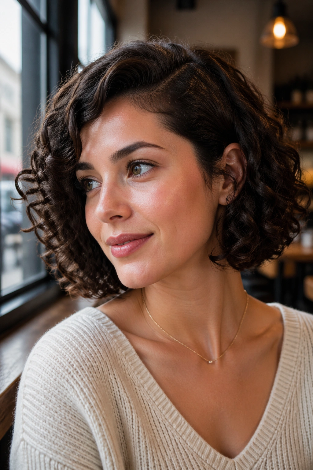 Close-up portrait of a woman with a side-parted curly bob in daylight by a cafe window