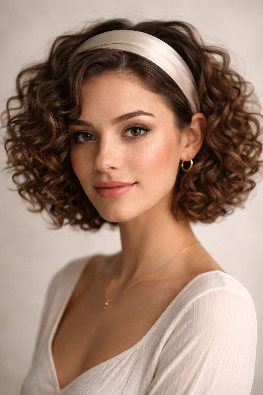 Curly bob with a wide headband behind the hairline