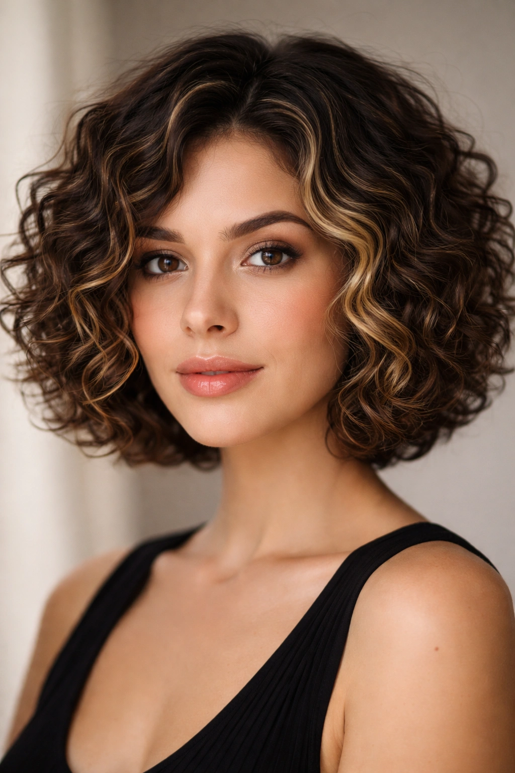 Curly bob showing lighter front curls aligning with curl pattern