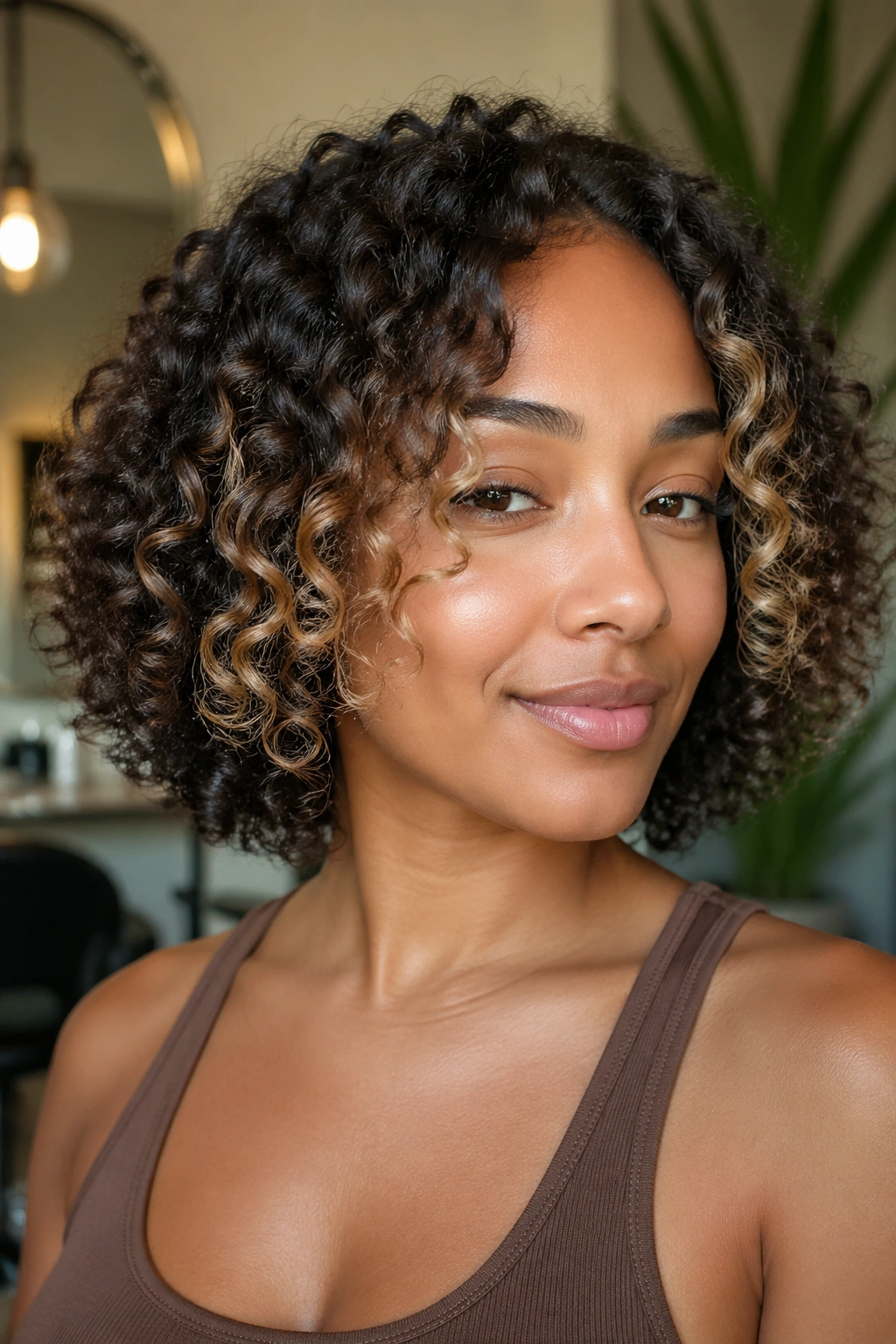 Close-up of curly bob with honey face-framing highlights on a real person