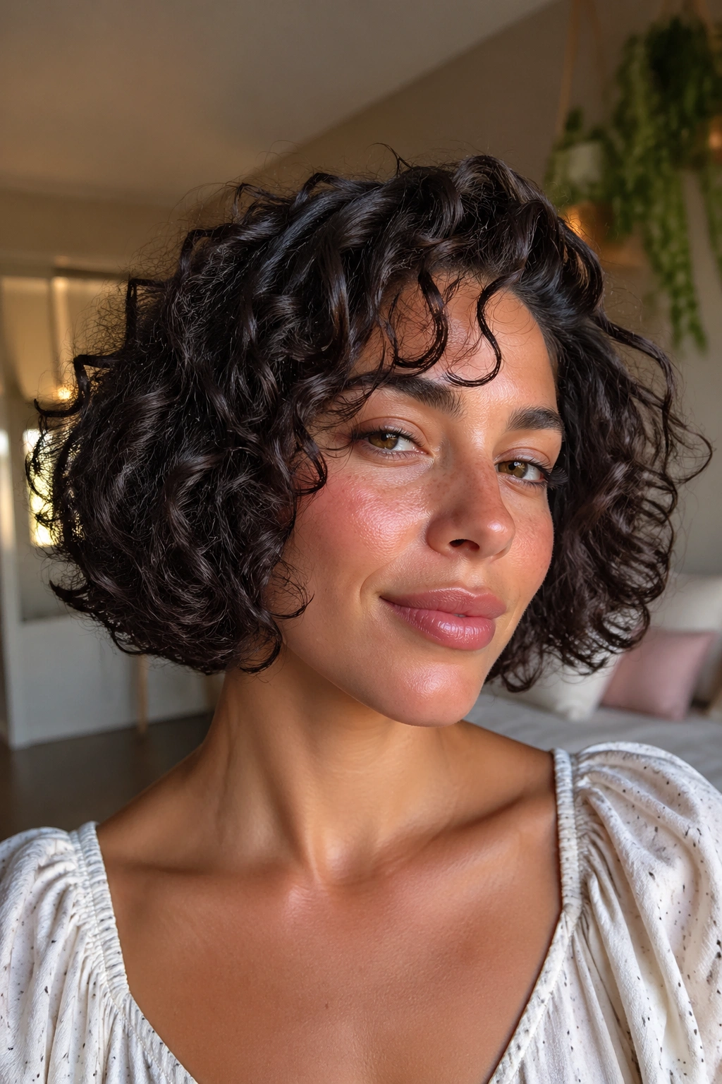 Close-up of a real woman with a chin-length curly bob showing invisible layers and face-framing curls
