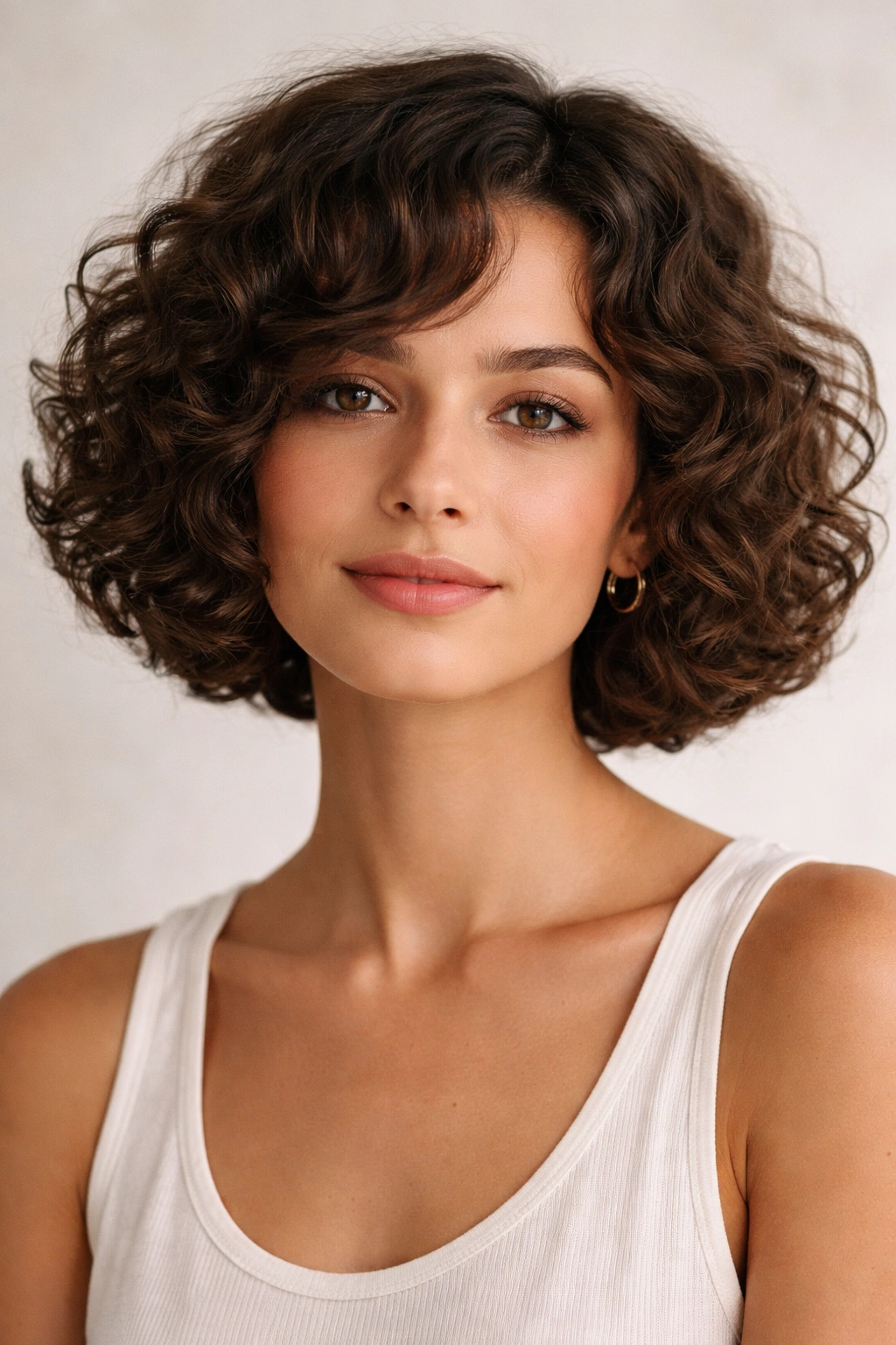 Close-up of jaw-length curly bob with defined curls and rounded silhouette