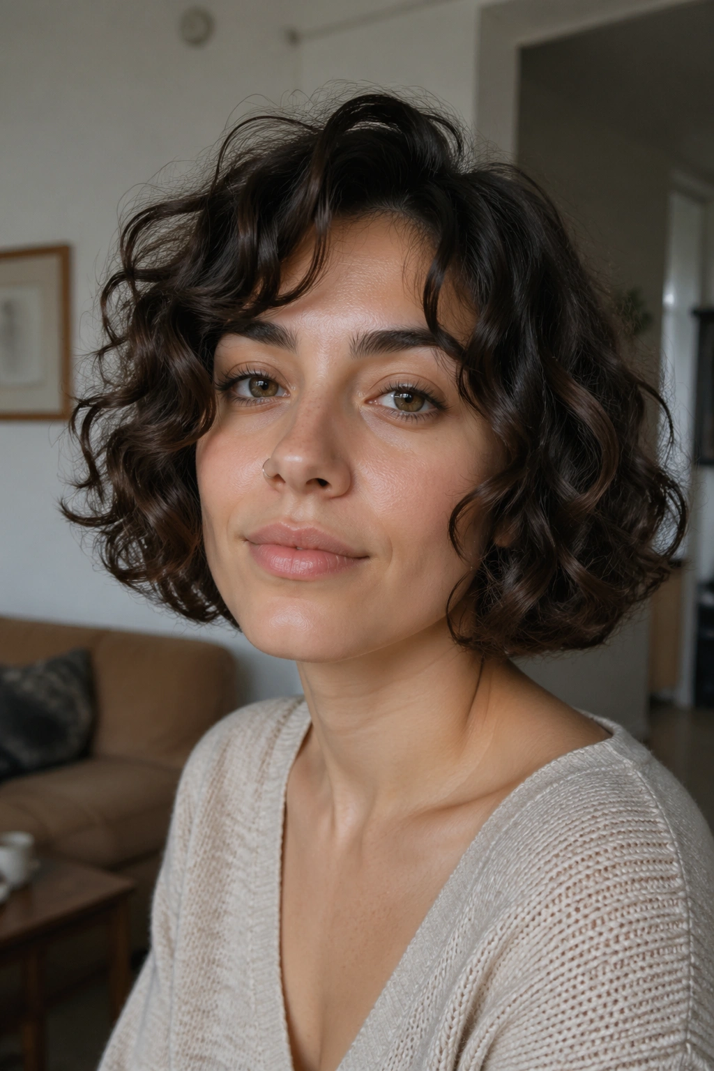 Real woman wearing a jaw-length curly bob showing natural curls at the jaw.