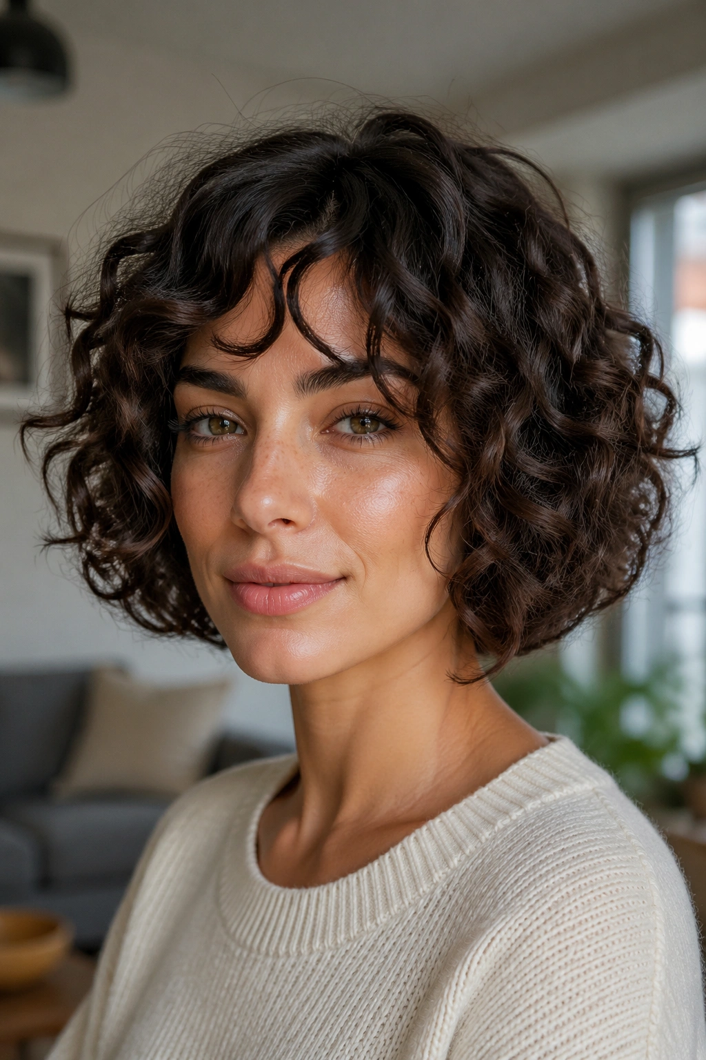 Close-up of a real person with a curly layered bob forming a rounded silhouette