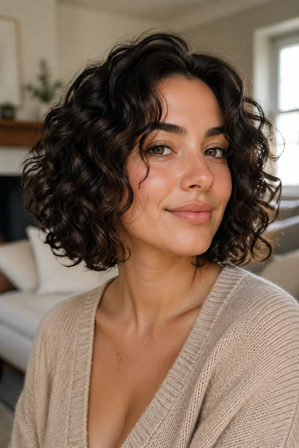 Close-up portrait of a real woman with a long curly bob featuring soft face-framing layers by a window.