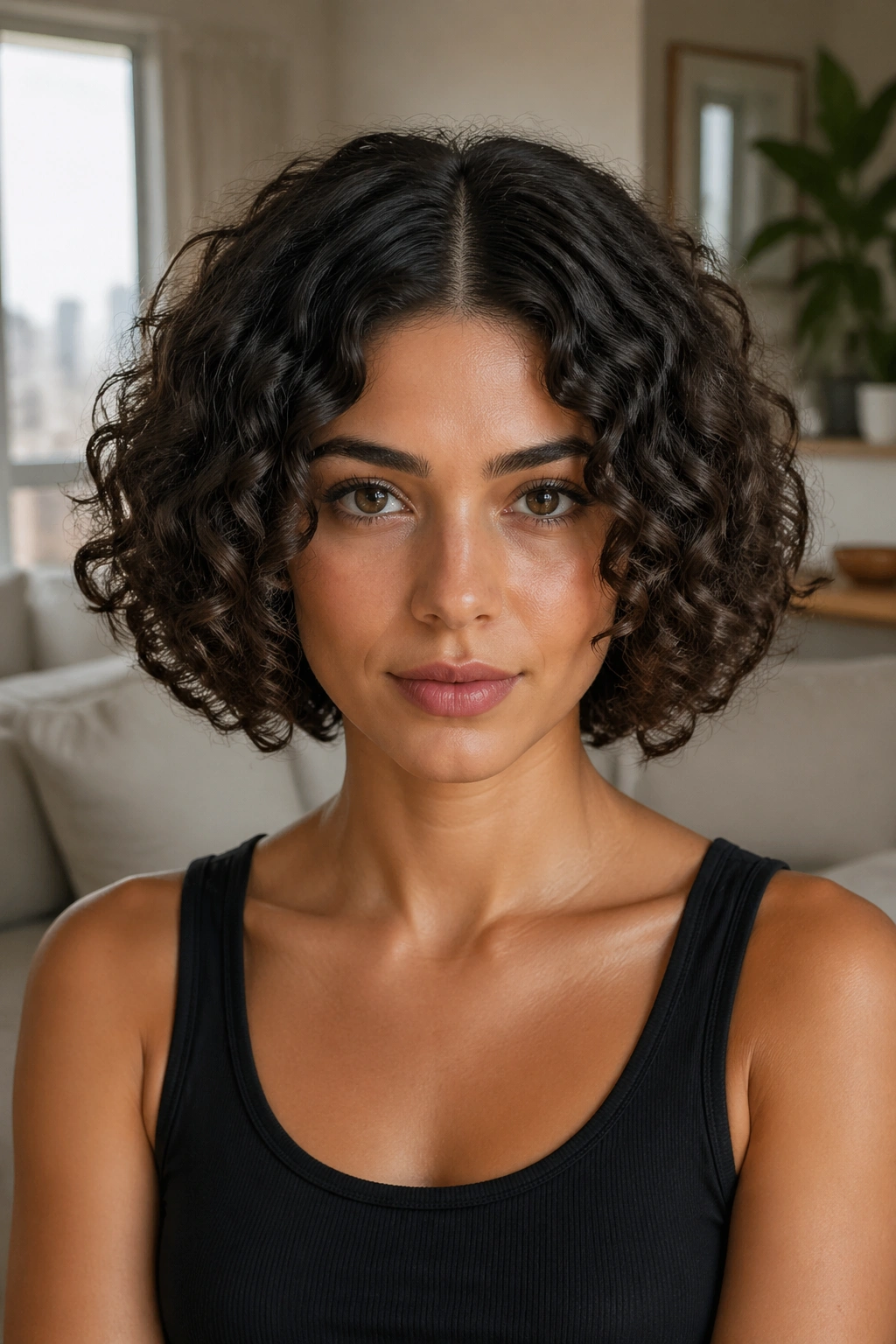 Bust-shot of a real woman with a curly bob and a clean middle part