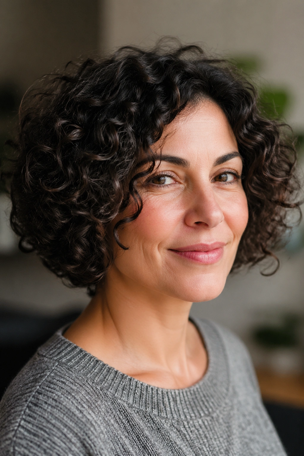 Portrait of a real woman with a curly bob and defined curls