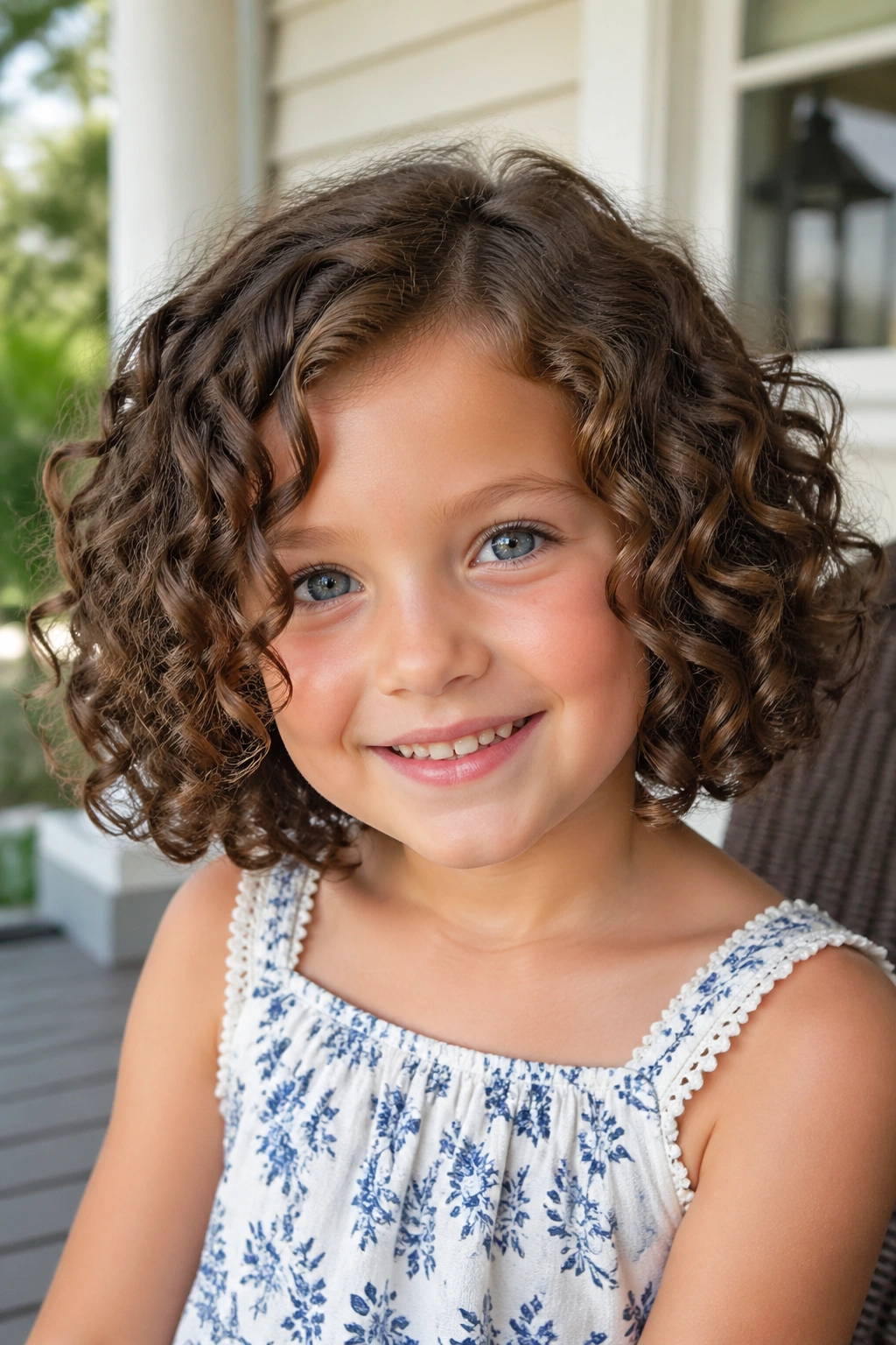 Close-up portrait of a child with a curly bob cut following curl pattern