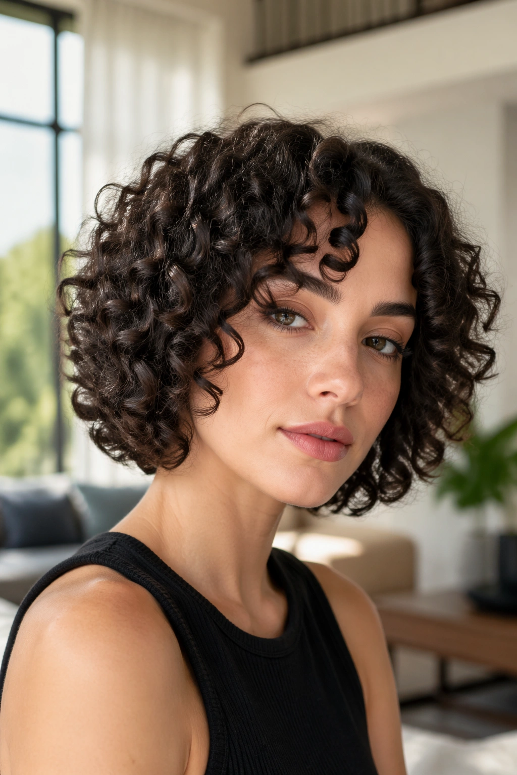 Close-up of a real woman's curly bob with defined curls framing the face