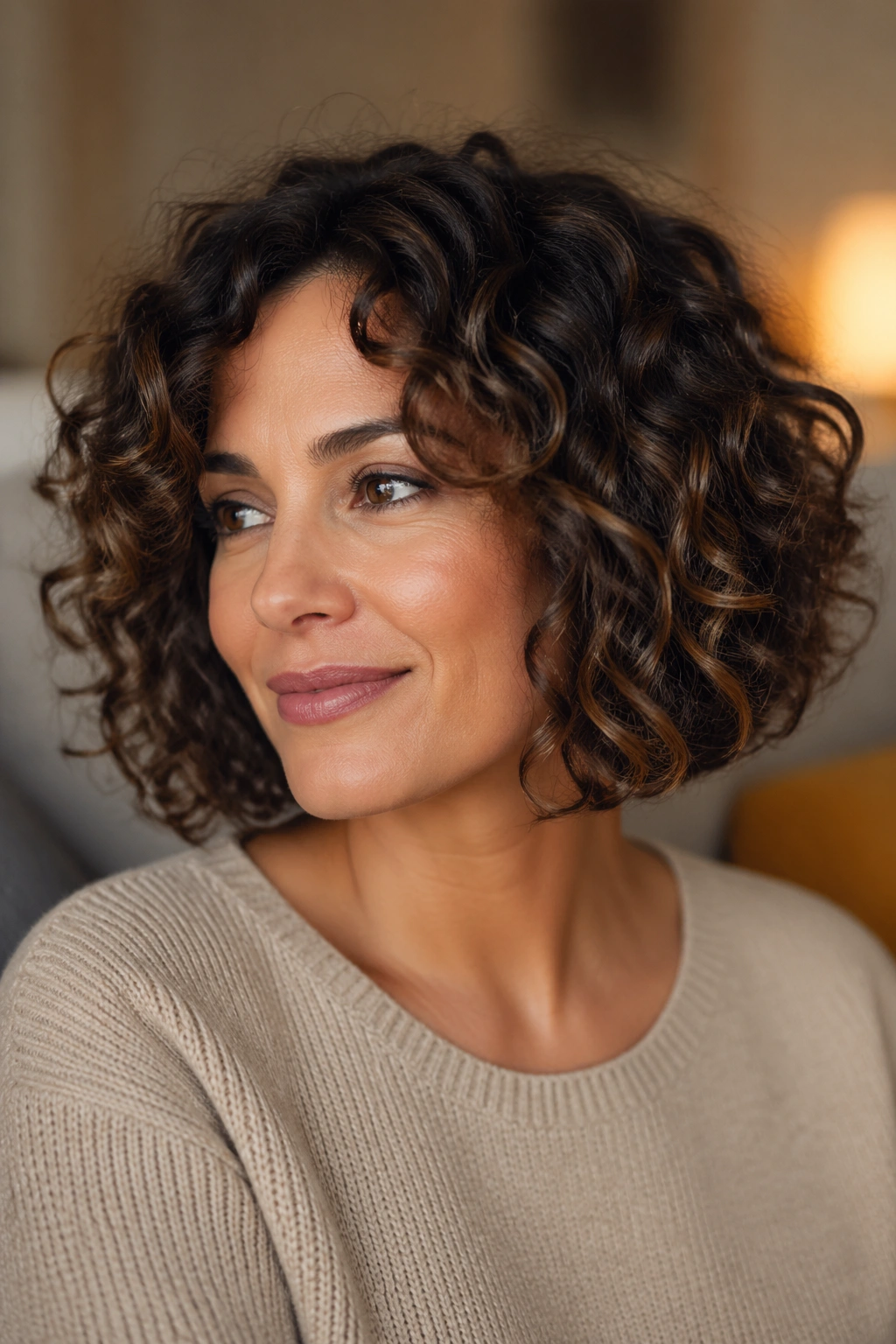 Close-up of curly bob with room at the ends in a cozy room