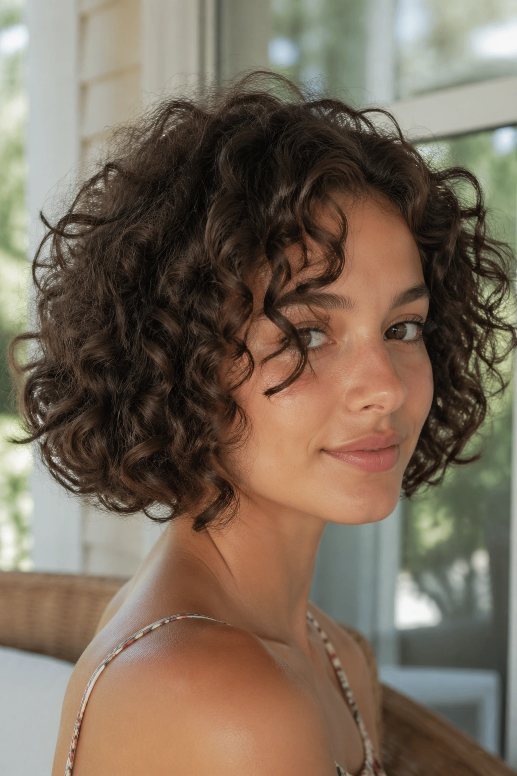 Curly bob portrait showcasing natural curl pattern