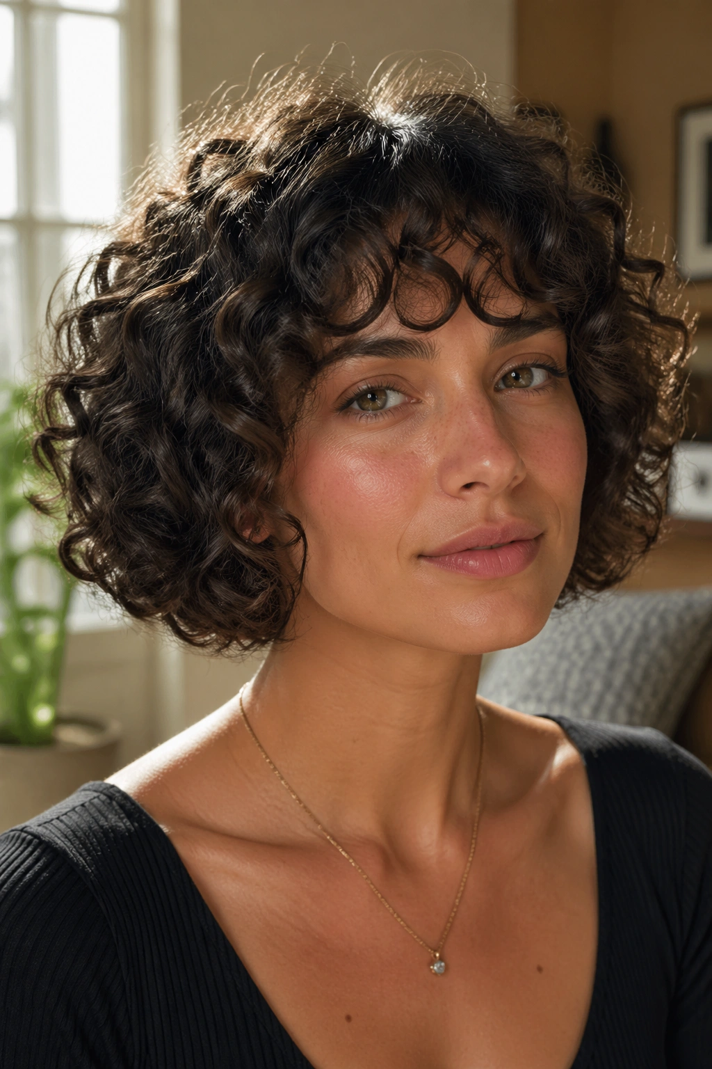 Close-up portrait of a real woman with a curly bob under natural window light.