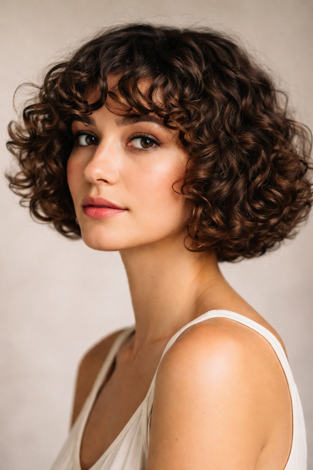 Close-up of Curly French Bob With a Rounded Shape showing rounded silhouette following curl pattern at chin length