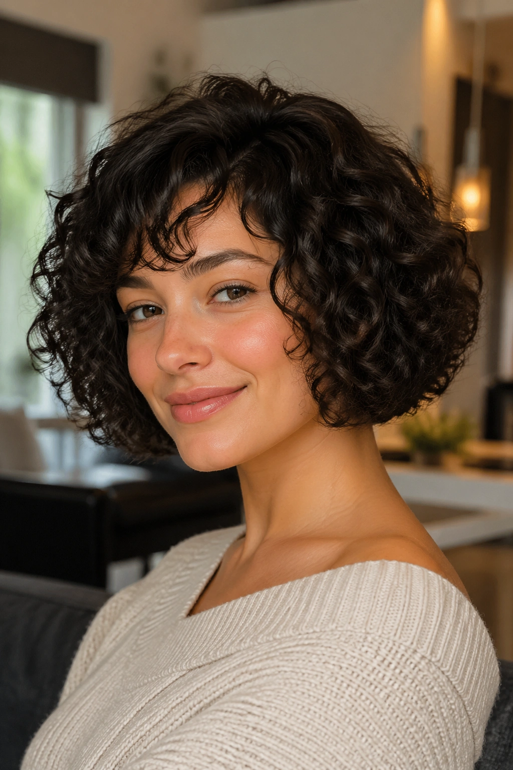 Close-up of a real woman with a soft rounded curly bob in warm indoor light