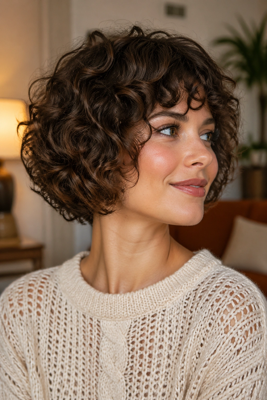 Close-up portrait of a real woman with a curly rounded bob in warm indoor light