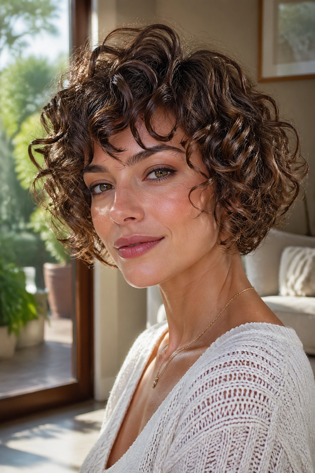 Real woman with curly tousled bob and rounded silhouette.
