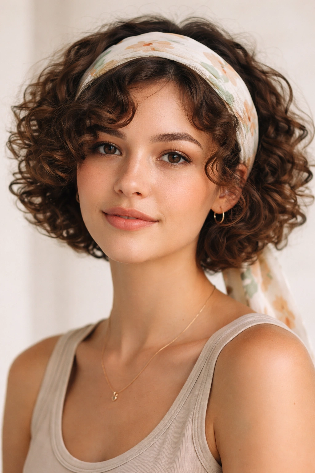 Front view of curly bob with a scarf band across the crown; curls above and below