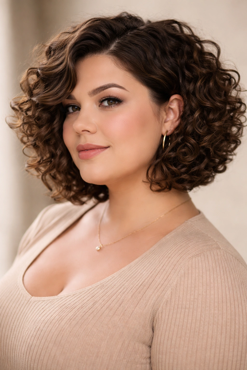 Curly bob with sculpted shape and defined curls framing the face