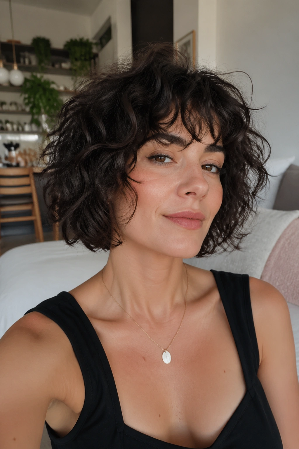 Close-up of a real woman with a textured shaggy curly bob in natural light