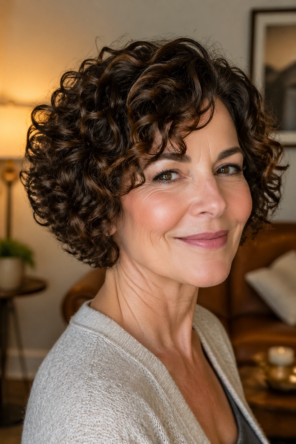 Close-up portrait of a real woman with a curly bob showing defined curls and bounce