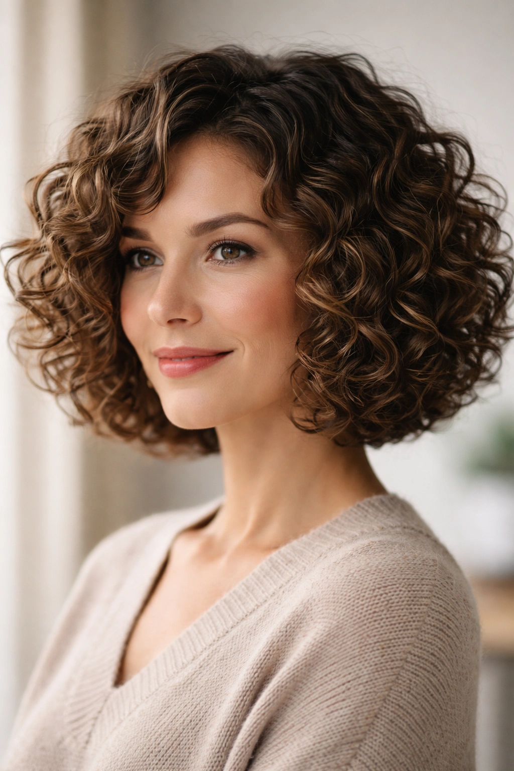 Close-up of a curly bob with defined, springy curls