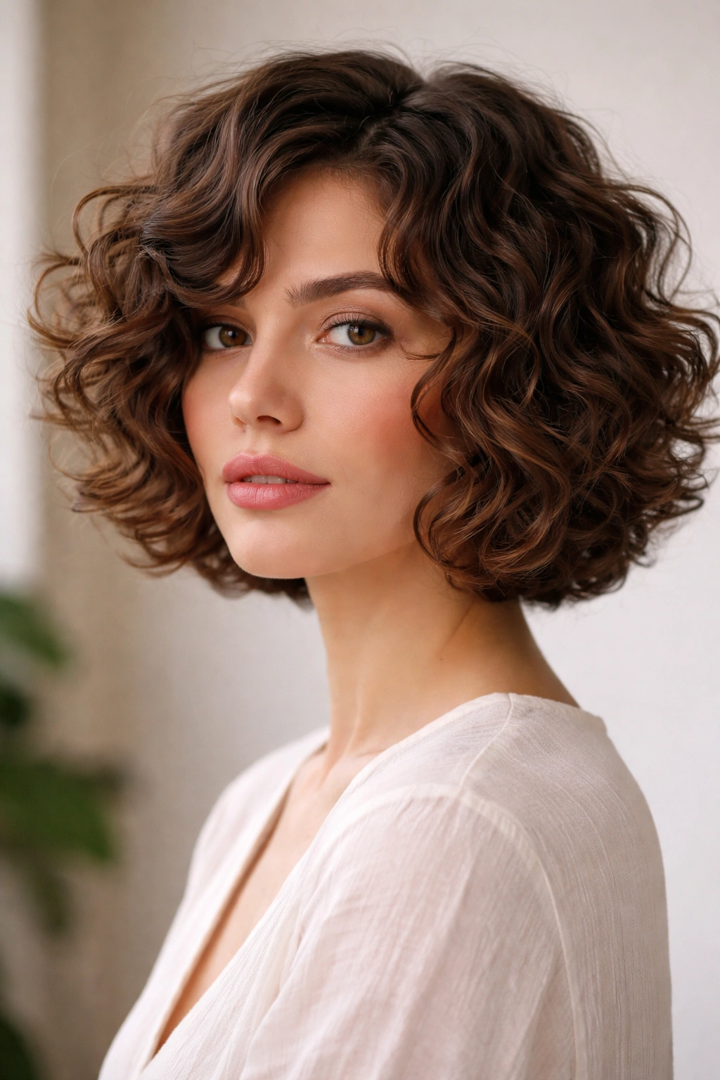 Curly layered bob showing shape-cutting that respects curl pattern