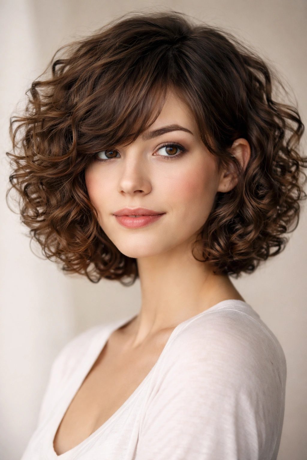 Model with curly bob and soft side bangs