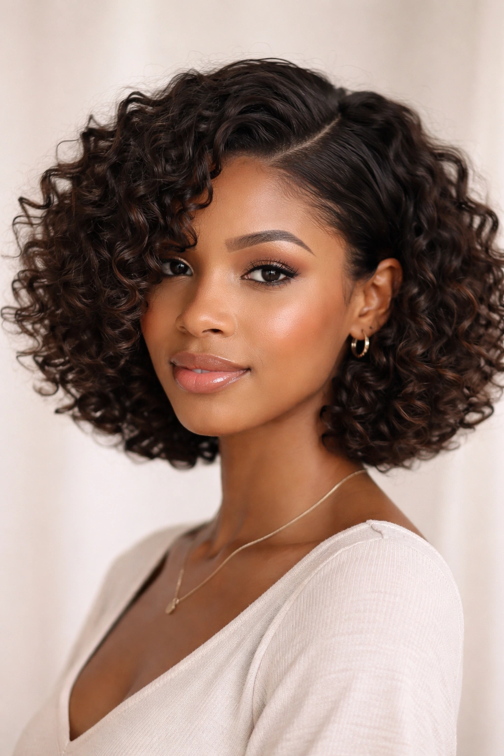 Close-up of curly bob with a deep side part framing the jawline