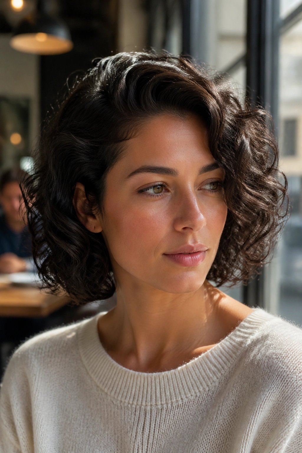 Portrait of a real woman with deep side part curling bob showing root lift.