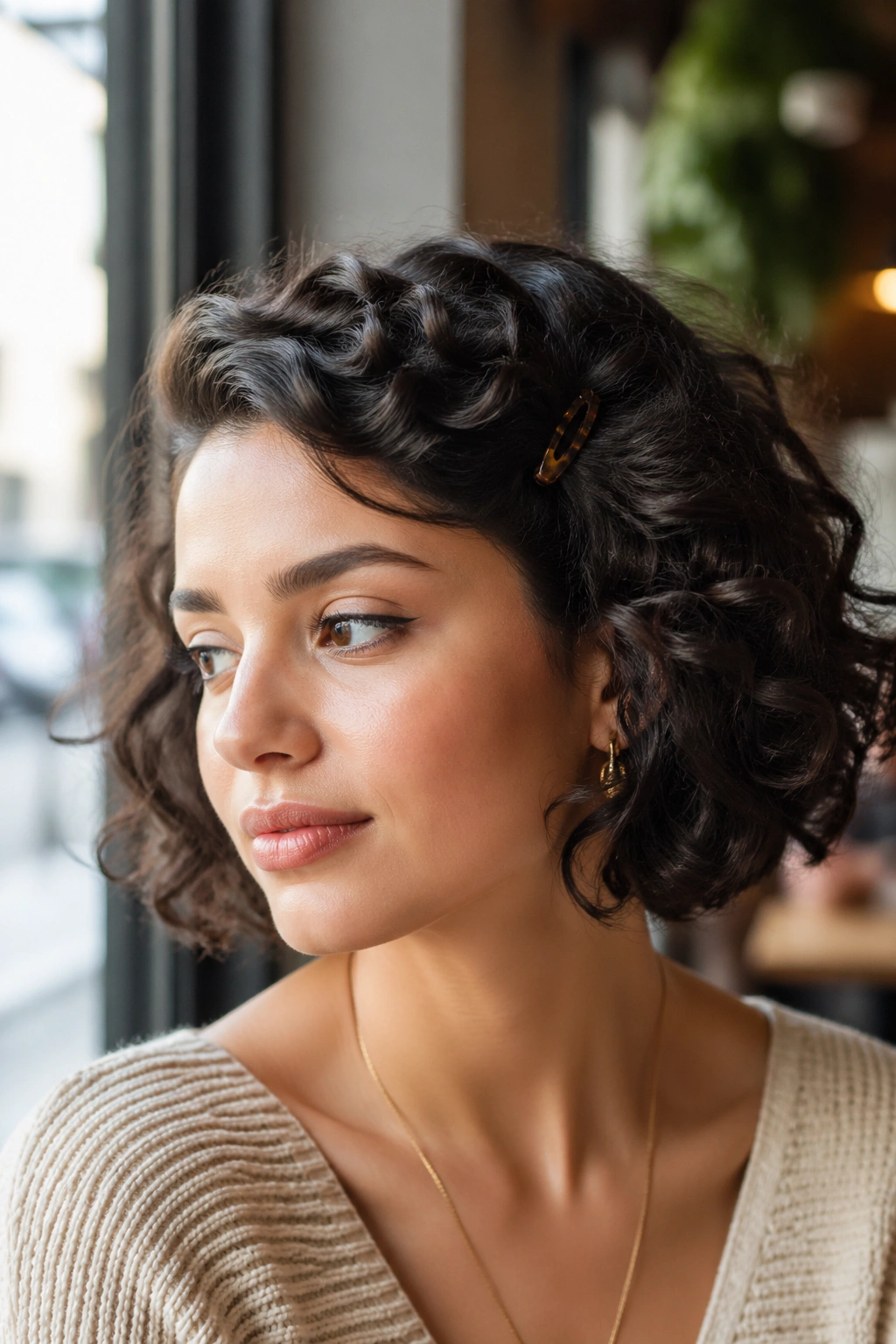 Medium-close portrait of a woman with curly bob and deep side sweep including a small clip